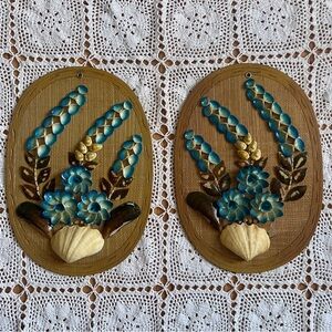 Vintage‎ Seashell on Wood Arr Hanging Wall Decoration with blue Flowers